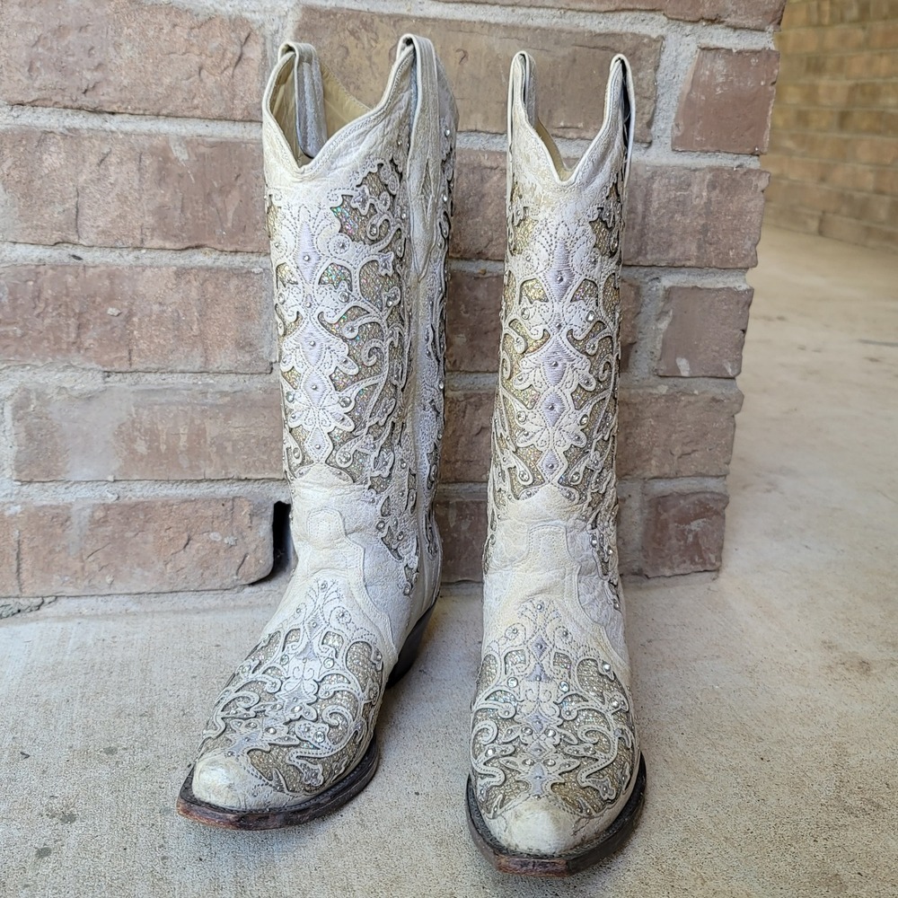 Corral Western Boots Women White Leather Glitter Crystal Inlay Snip Toe 7.5M